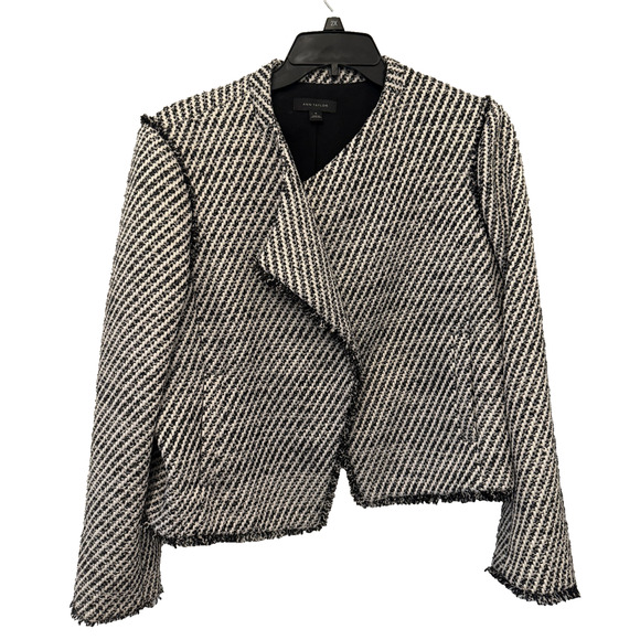 Ann Taylor Blazer Womens 18 Black White Tweed Fringe Open Front Jacket Elegant - Picture 1 of 8